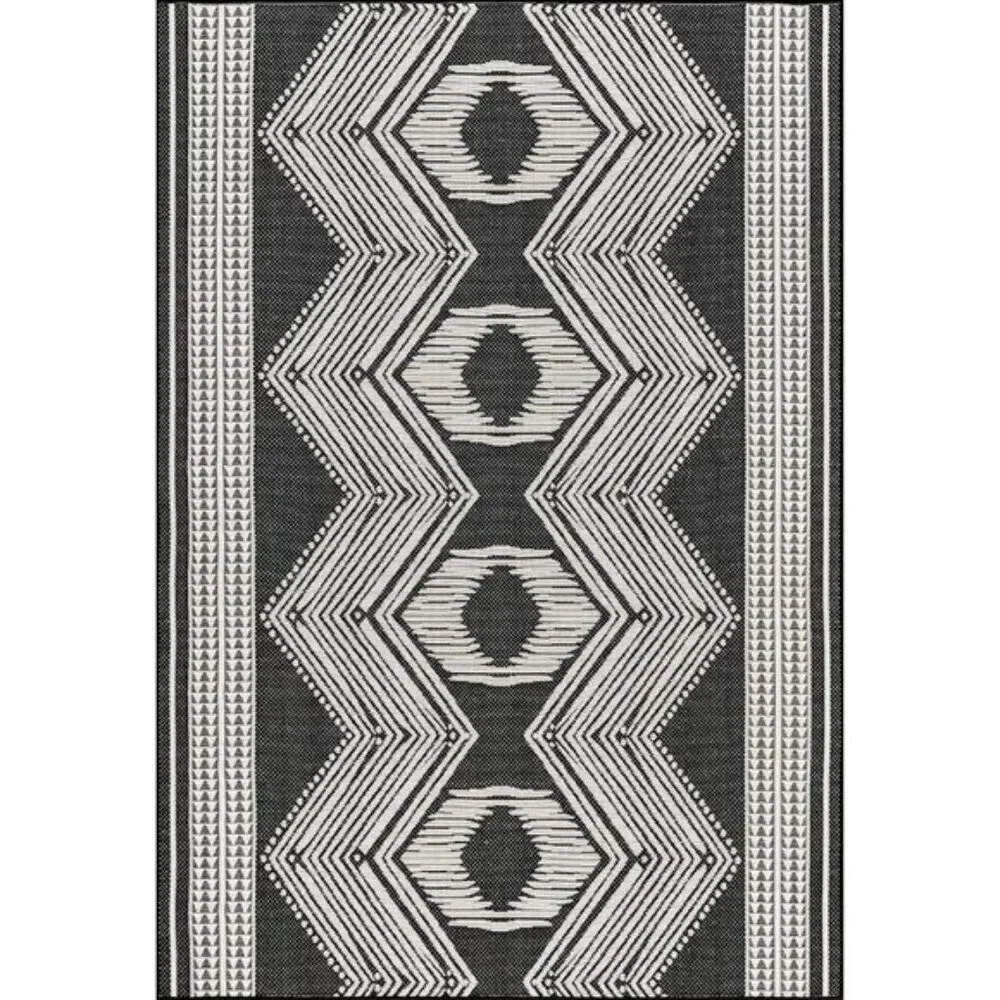 New 4x6Inch Outdoor Tribal Geometric Rug, Stain & Weather Resistant, Black